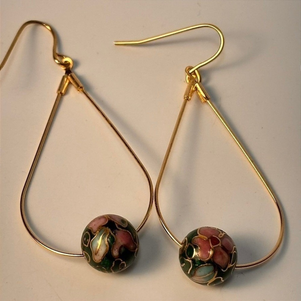 Cloisonne Floral Bead Teardrop Hoop Earrings Gold Pink Green Boho Chic Statement